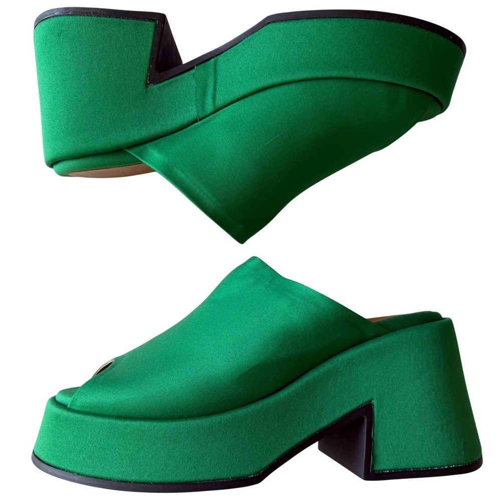 GANNI Green Satin Platform Mule Slide Sandal Block Heel Scandi‎ Maximalist 40